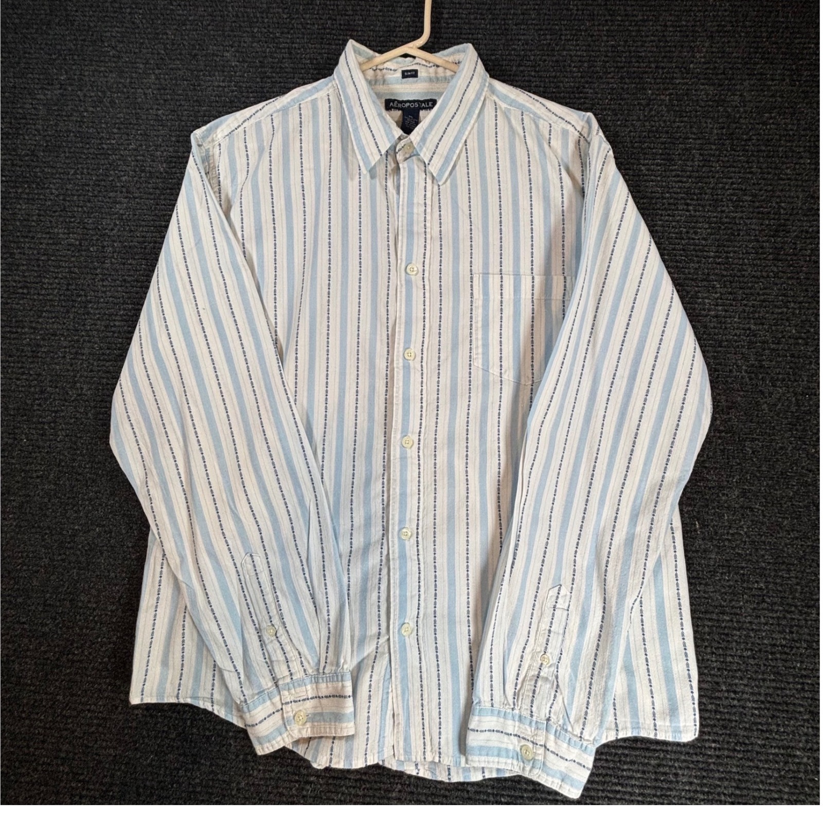 Aeropostale Mens Xl Slim Fit Striped Button Down Shirt Blue White Long Sleeve